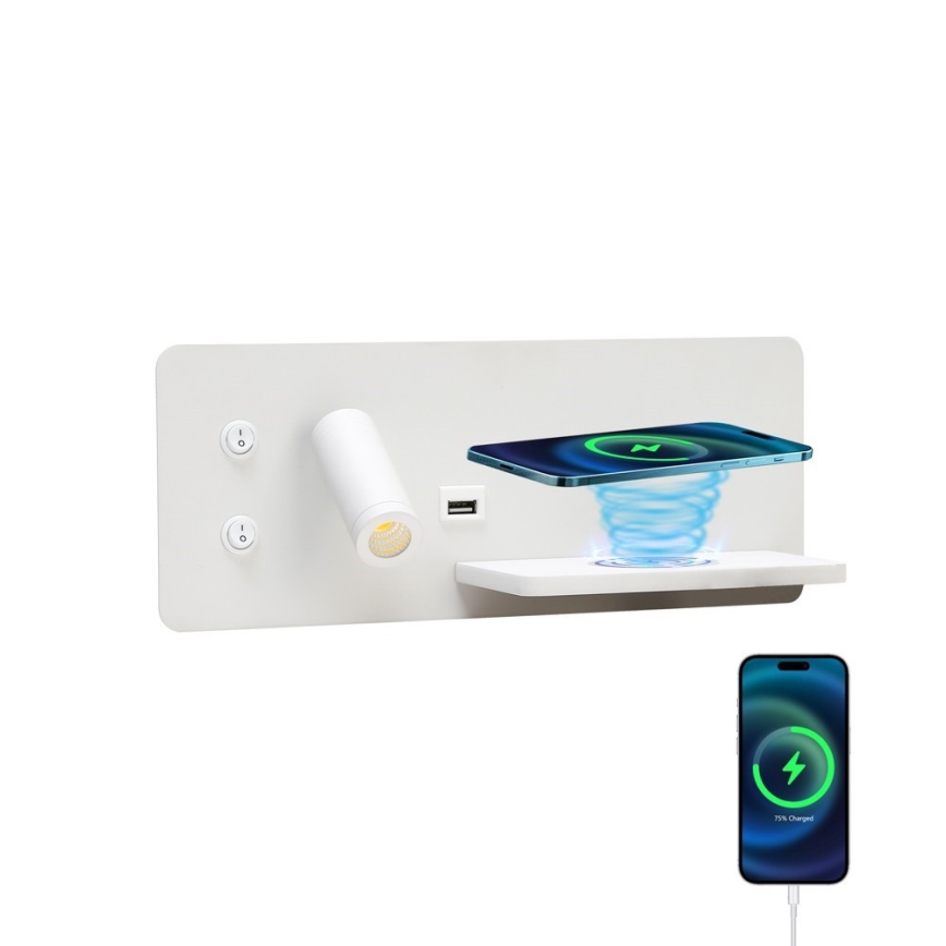 Immax 08285L - LED Faretto da parete con ripiano, porta USB e ricarica wireless Be PREPARE LED/3W/230V + LED/3W bianco