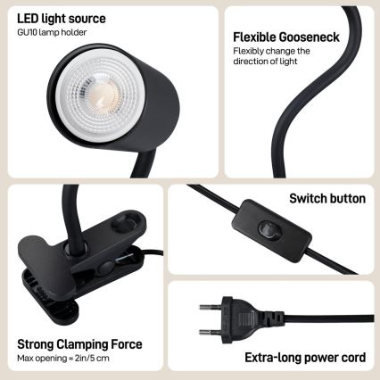 Lampada flessibile con clip PUNTO 1xGU10/9W/230V nera