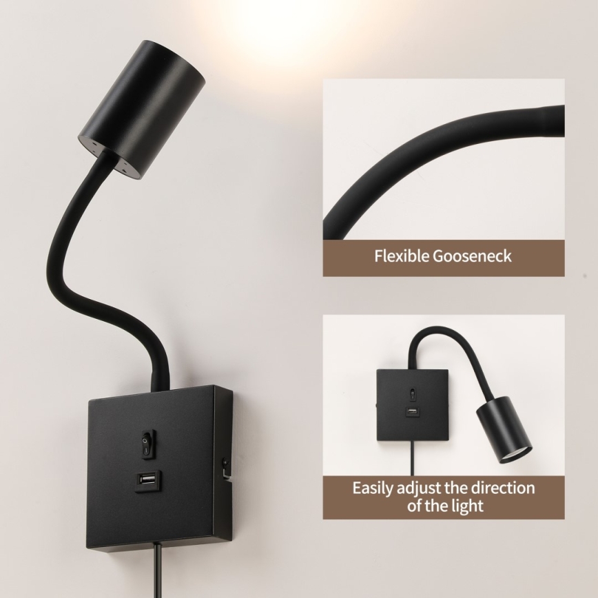 Wandleuchte PUNTO mit USB 1xGU10/9W/230V schwarz