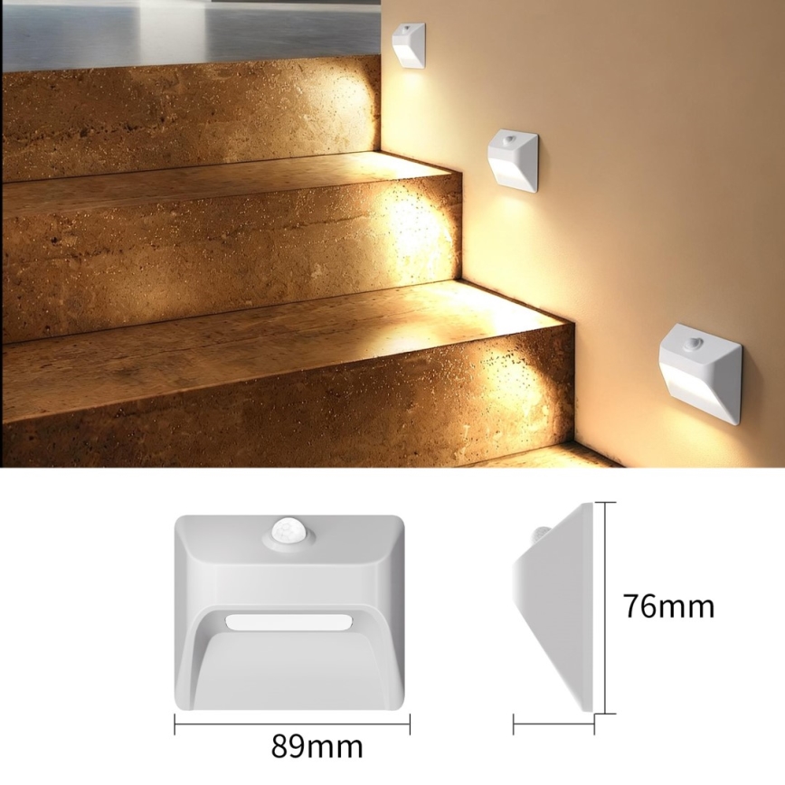 Immax 08308L - Lampada LED ricaricabile per scale con sensore di movimento e sensore crepuscolare STEP LIGHT LED/0,3W/3,7V 2200 mAh IP53 bianco