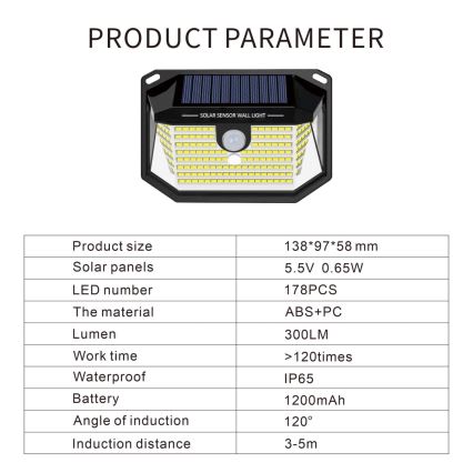 Applique murale solaire avec détecteur LED/4W/5,5V IP65 1200 mAh