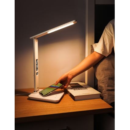 Lampe de table LED à intensité variable avec charge sans fil IQ et USB KINGFISHER LED/8,5W/230V blanc