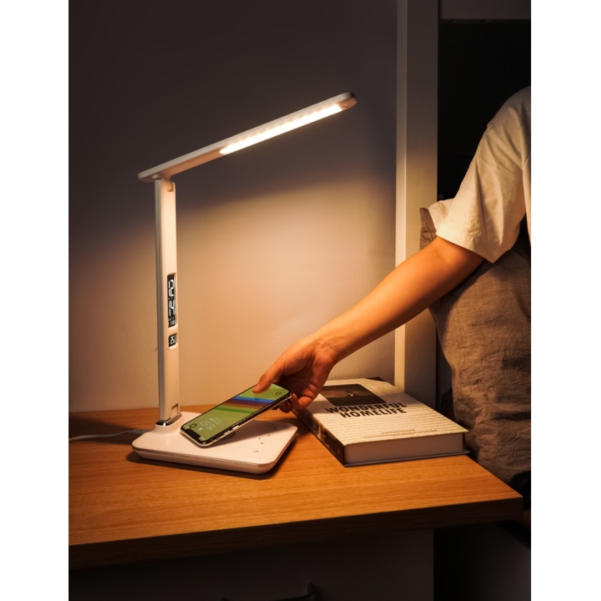 Lampe de table LED à intensité variable avec charge sans fil IQ et USB KINGFISHER LED/8,5W/230V blanc