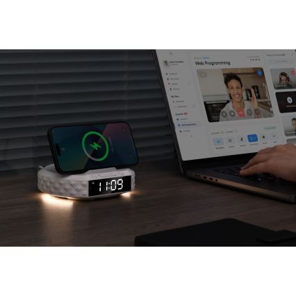 Orologio a sveglia con display LCD e senza fili Qi charger 27W/9V bianco