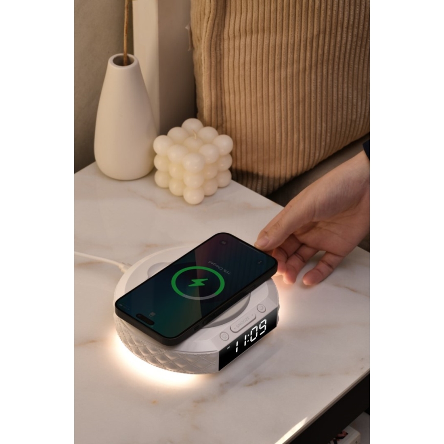 Orologio a sveglia con display LCD e senza fili Qi charger 27W/9V bianco
