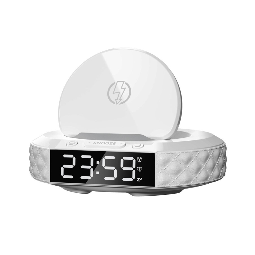 Orologio a sveglia con display LCD e senza fili Qi charger 27W/9V bianco