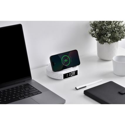 Réveil avec écran LCD et sans fil Qi charger 27W/9V blanc
