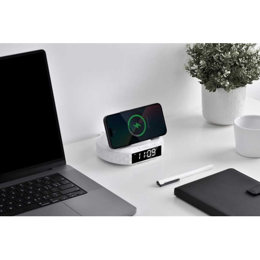 Réveil avec écran LCD et sans fil Qi charger 27W/9V blanc