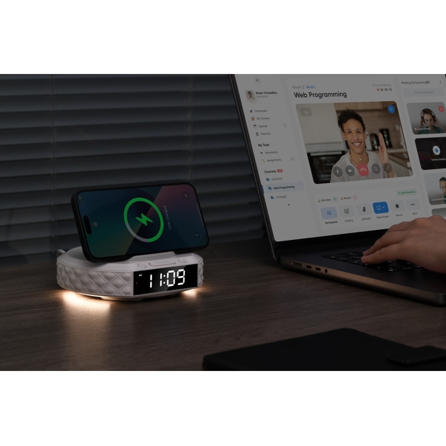 Réveil avec écran LCD et sans fil Qi charger 27W/9V blanc