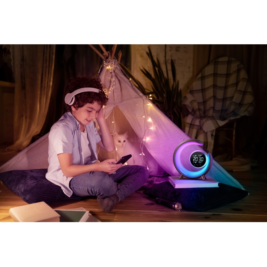 LED RGBW Lampada da tavolo dimmerabile con sveglia LED/20W/5V USB argento