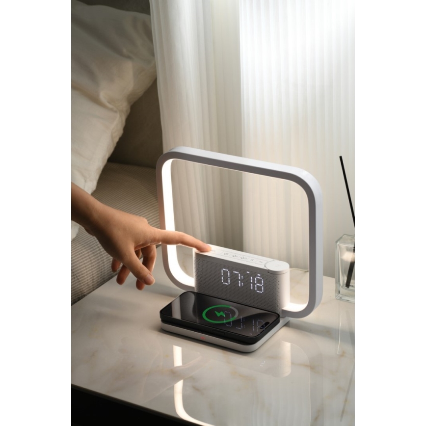 Lampe de table à intensité variable avec réveil et Qi charge LED/18W/230V blanc
