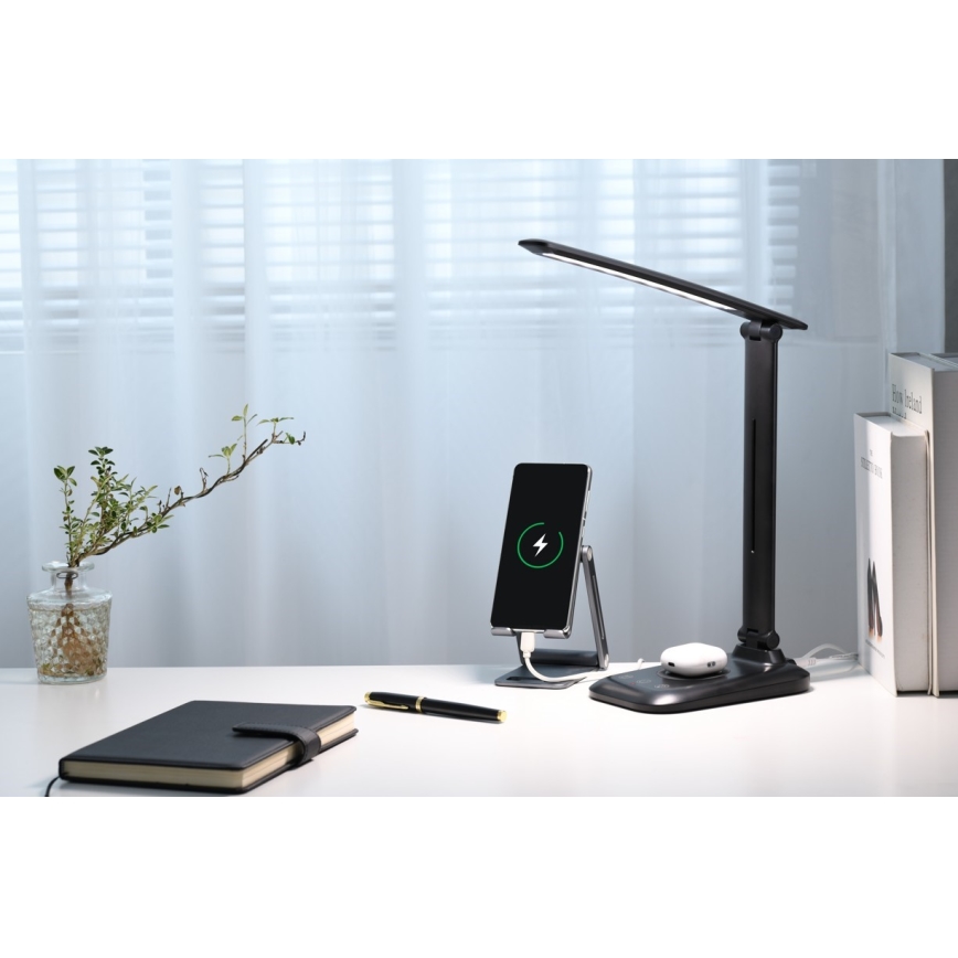 Dimmbare LED-Schreibtischlampe mit kabelloser Qi-Ladefunktion und USB — LUMI LED/7W/230V, schwarz