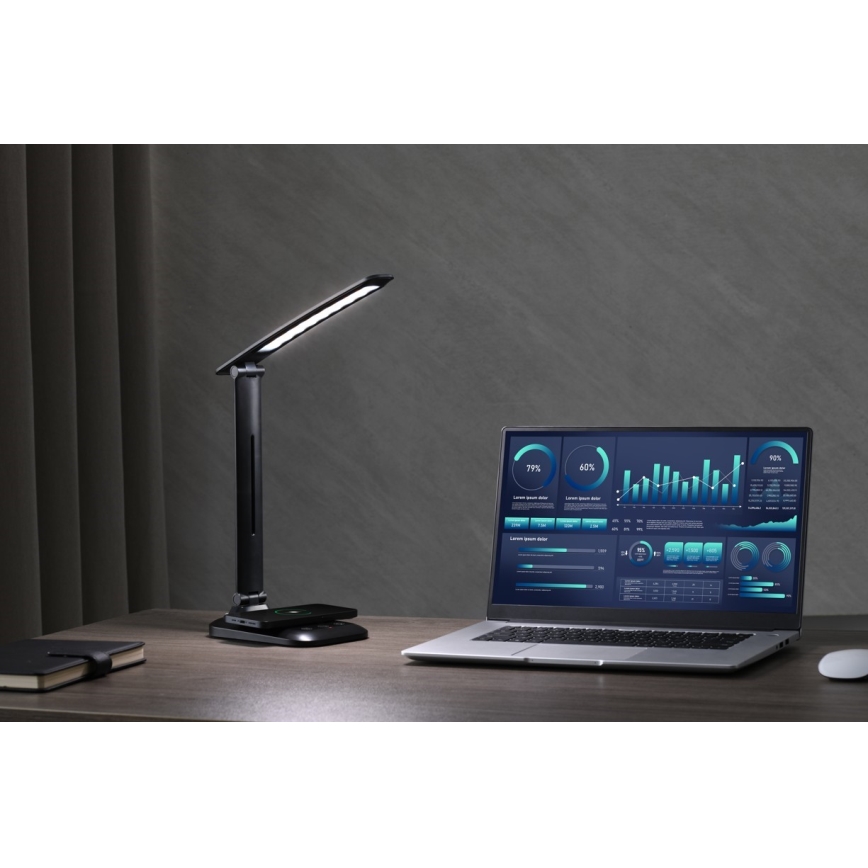 Dimmbare LED-Schreibtischlampe mit kabelloser Qi-Ladefunktion und USB — LUMI LED/7W/230V, schwarz