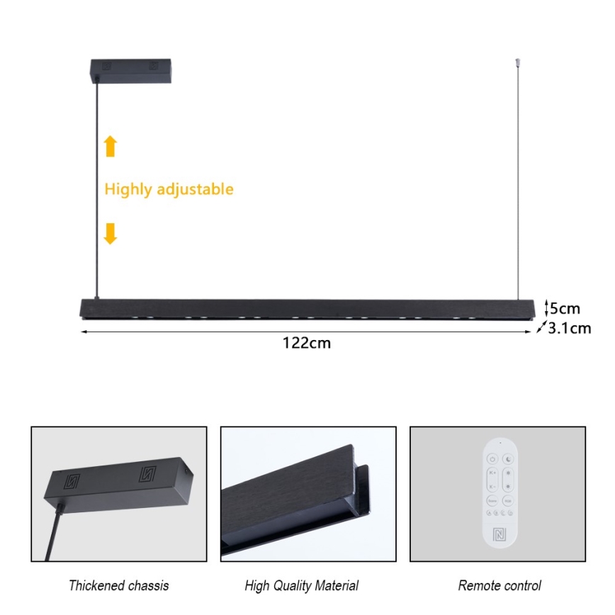 Immax NEO 07306L - Lampadario LED dimmerabile sospeso con cavo MADEIRA LED/26W/230V Wi-Fi Tuya 122 cm nero + telecomando