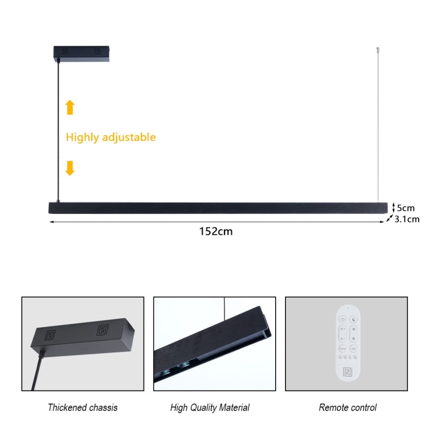 Immax NEO 07307L - Lampadario LED dimmerabile a cavo MADEIRA LED/33W/230V Wi-Fi Tuya 152 cm nero + telecomando