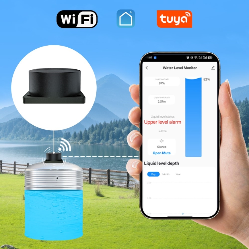 Immax NEO 07543L - Capteur de niveau de liquide à ultrasons 5 m Wi-Fi Tuya