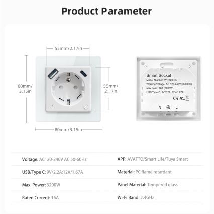 Immax NEO 07544L - Smart‑Steckdose Typ E 16A/230V mit 1× USB‑A und 1× USB‑C (PD 20W), Tuya Wi‑Fi