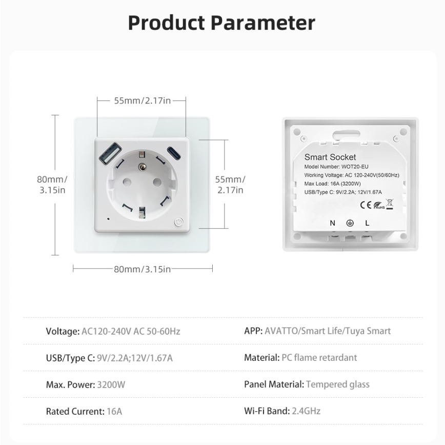 Immax NEO 07544L - Smart‑Steckdose Typ E 16A/230V mit 1× USB‑A und 1× USB‑C (PD 20W), Tuya Wi‑Fi