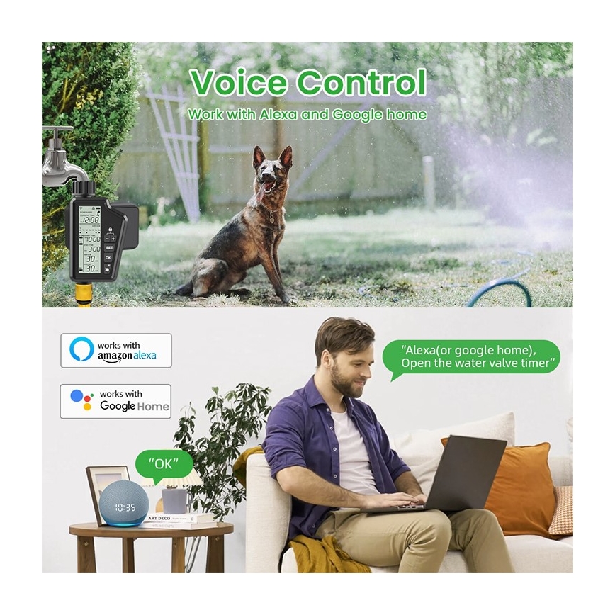 Immax NEO 07556L - Électrovanne d'arrosage alimentée par 4 piles AA, IP65, Wi‑Fi Tuya