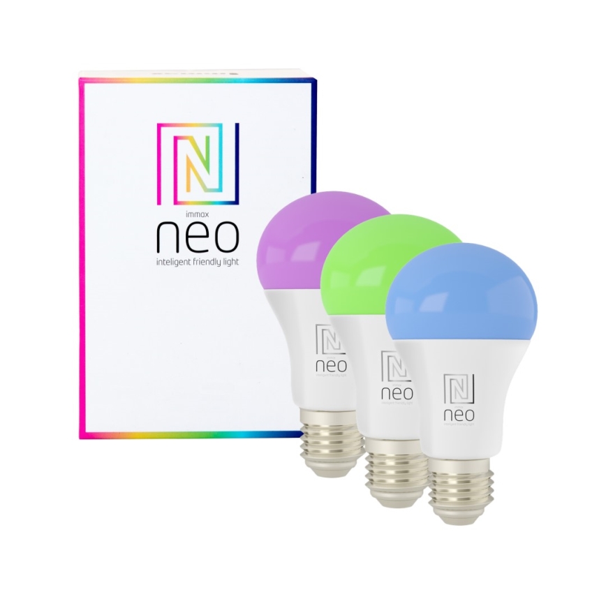 Immax NEO 07712CDO - SET 3x LED RGB+CCT Lampadina dimmerabile E27/9W/230V Wi-Fi Tuya + telecomando