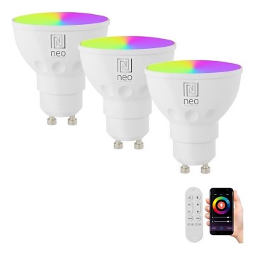 Immax NEO 07724CDO - Confezione da 3 lampadine LED RGB+CCT dimmerabili GU10/4,8W/230V 2700-6500K Wi-Fi Tuya + telecomando