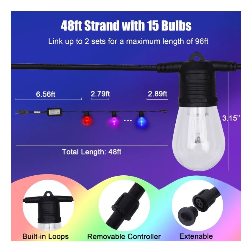 LED RGB+CCT Dimmerabile per esterni catena GHIRLANDA 15xLED/1W/230V 15m Wi-Fi Tuya IP65 + telecomando