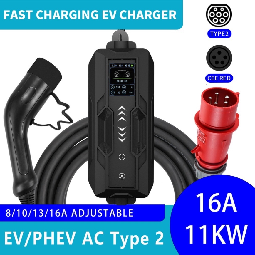 Immax - Stazione di ricarica portatile per veicoli elettrici EV AC Tipo 2 16A/380V 11 kW + spina 230V, cavo 5 m, Wi-Fi Tuya