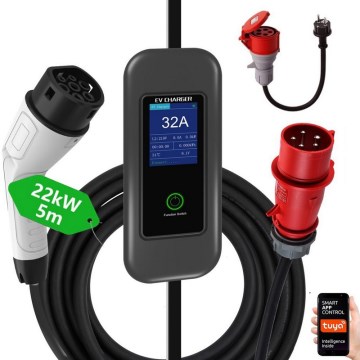 Immax - Stazione di ricarica per auto elettriche da viaggio AC Type 2 32A/380V 22kW + spina 230V 5m Wi-Fi Tuya