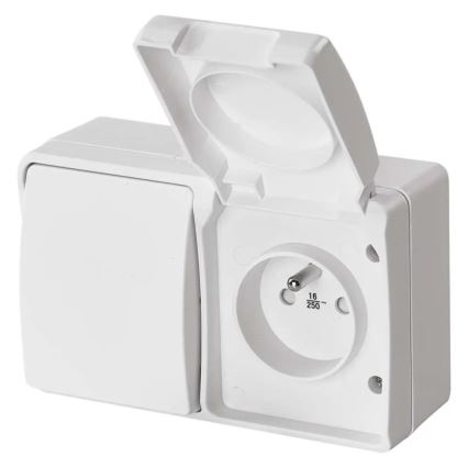 Interruttore domestico alternato n. 6 con presa 250V/16A IP44 bianco