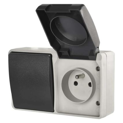 Interruttore domestico alternato n. 6 con presa 250V/16A IP44 grigio