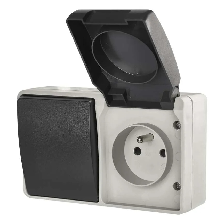 Interruttore domestico alternato n. 6 con presa 250V/16A IP44 grigio