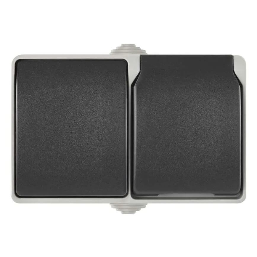 Interruttore domestico alternato n. 6 con presa 250V/16A IP44 grigio
