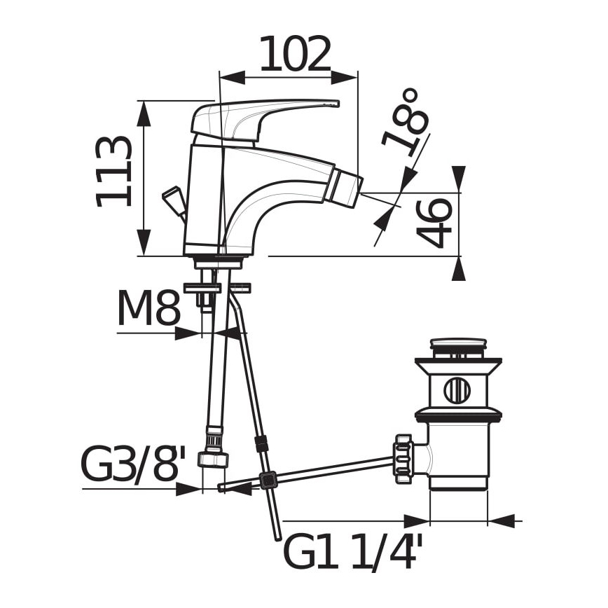 JIKA H3411U10041111 - Rubinetto del bidet + scarico senza trabocco DEEP 11,3 cm cromo lucido
