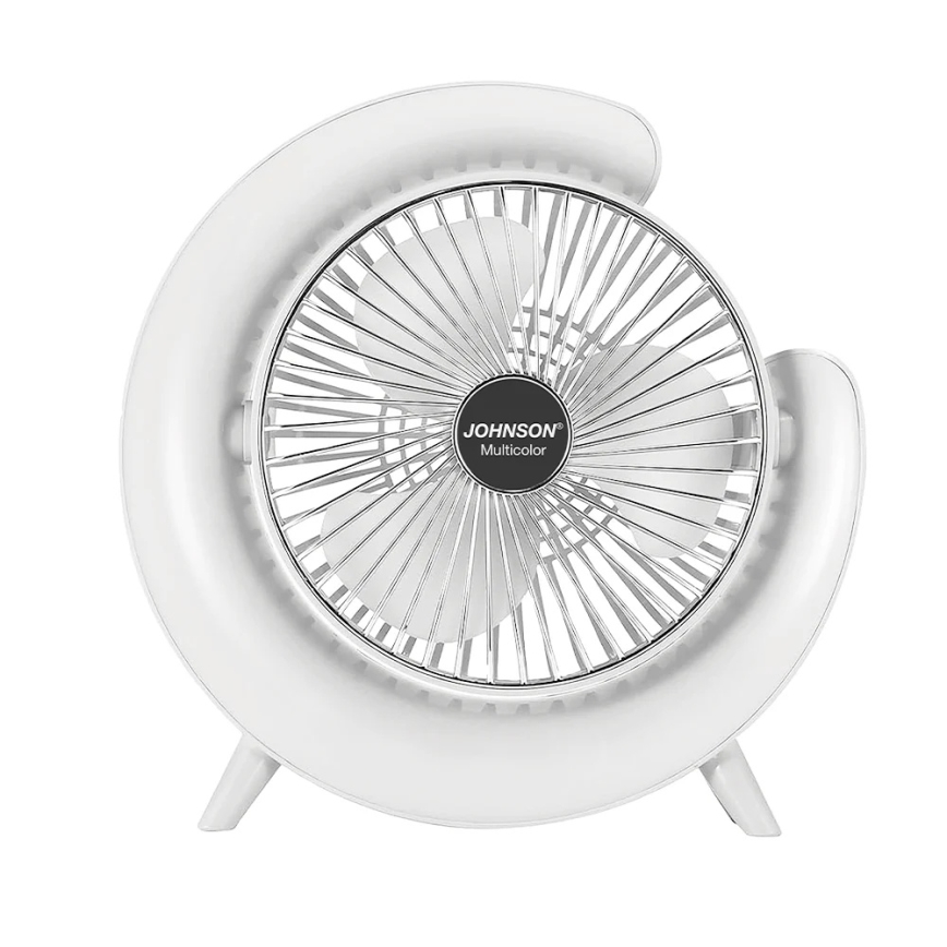 JOHNSON - Ventilatore da tavolo ricaricabile LED RGB multicolore LED/5W/3,7V 1200 mAh diametro 14 cm bianco