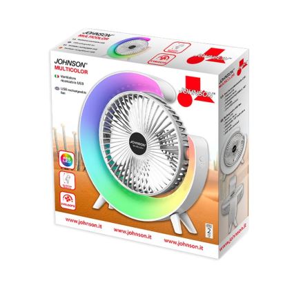 JOHNSON - Ventilatore da tavolo ricaricabile LED RGB multicolore LED/5W/3,7V 1200 mAh diametro 14 cm bianco