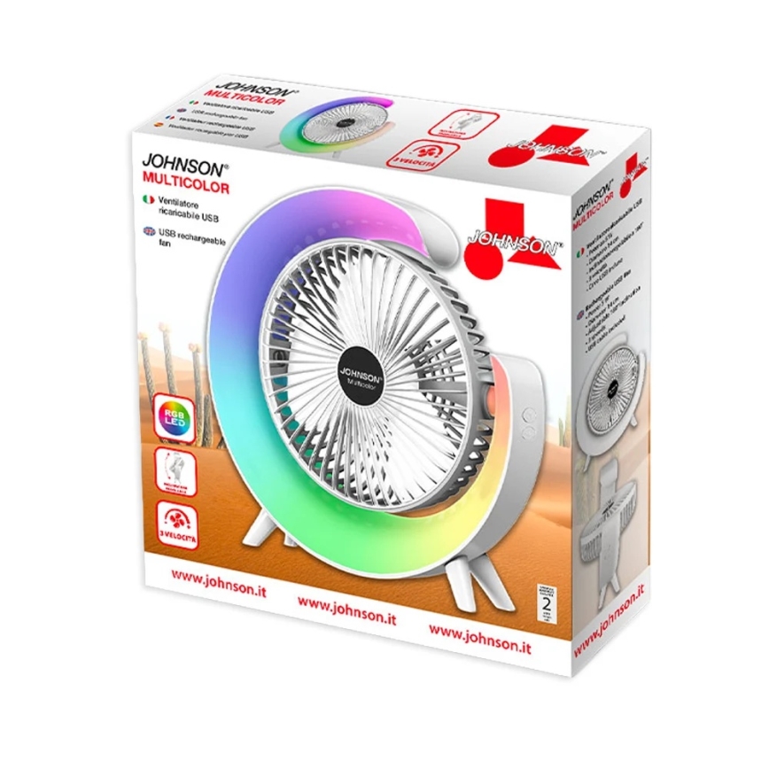 JOHNSON - Ventilatore da tavolo ricaricabile LED RGB multicolore LED/5W/3,7V 1200 mAh diametro 14 cm bianco