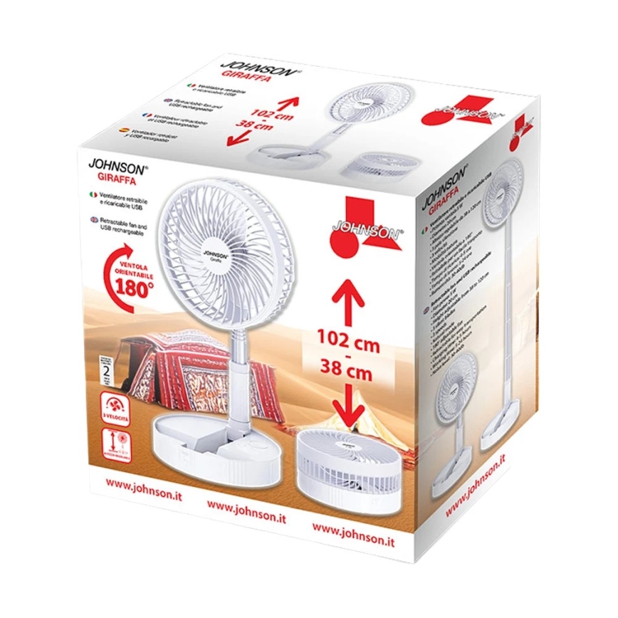JOHNSON - Ventilatore da tavolo ricaricabile GIRAFFA 5W/3,7V 1200 mAh Ø 20 cm bianco