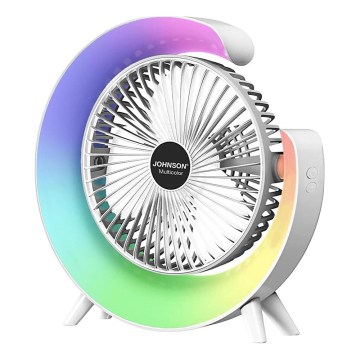 JOHNSON - Ventilatore da tavolo ricaricabile LED RGB multicolore LED/5W/3,7V 1200 mAh diametro 14 cm bianco