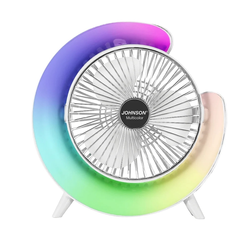 JOHNSON - LED RGB Wiederaufladbarer Tischventilator Mehrfarbig LED/5W/3,7V 1200 mAh Ø 14 cm Weiß