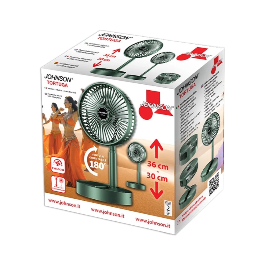 JOHNSON - Wiederaufladbarer Tischventilator TORTUGA 5W/3,7V 1200 mAh Ø 16,5 cm grün