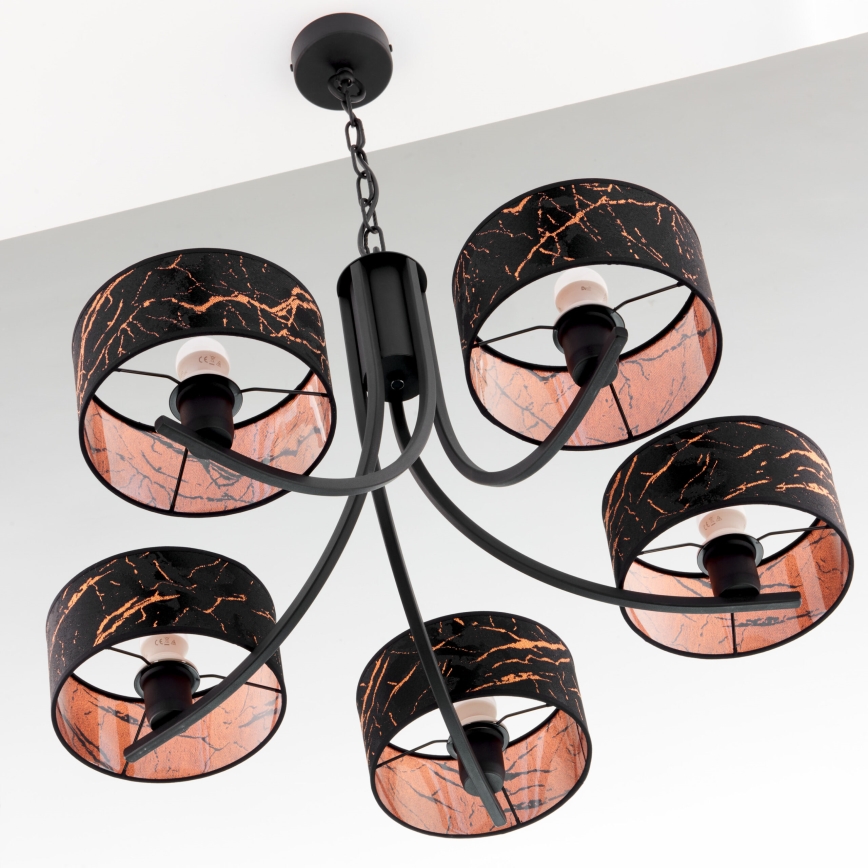 Jupiter 2107 - Kronleuchter an Kette ARTHUR 5xE27/15W/230V schwarz/orange/Marmordekor