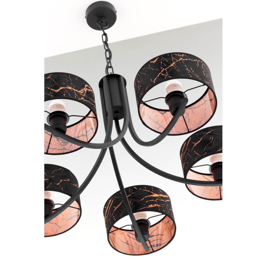 Jupiter 2107 - Kronleuchter an Kette ARTHUR 5xE27/15W/230V schwarz/orange/Marmordekor