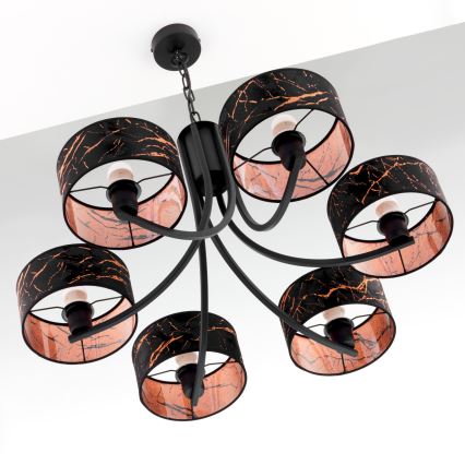 Jupiter 2108 - Kronleuchter an Kette ARTHUR 6xE27/15W/230V schwarz/orange/Marmor-Dekor