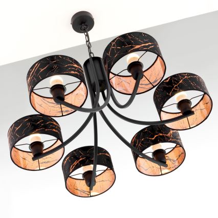Jupiter 2108 - Kronleuchter an Kette ARTHUR 6xE27/15W/230V schwarz/orange/Marmor-Dekor