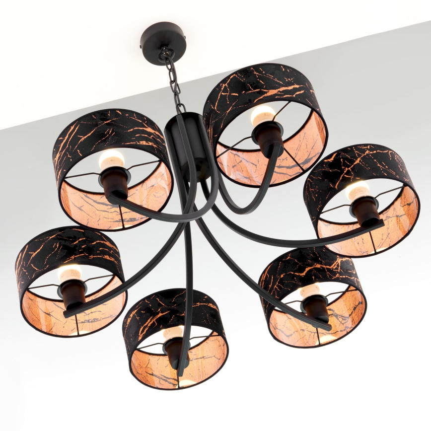 Jupiter 2108 - Kronleuchter an Kette ARTHUR 6xE27/15W/230V schwarz/orange/Marmor-Dekor