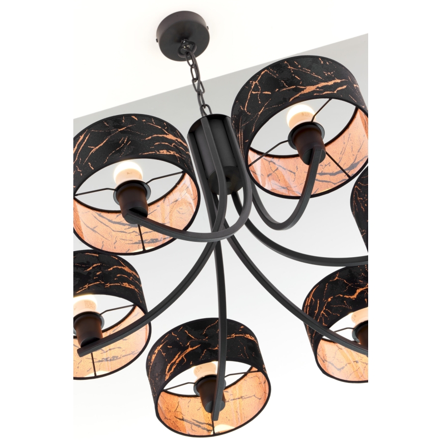 Jupiter 2108 - Kronleuchter an Kette ARTHUR 6xE27/15W/230V schwarz/orange/Marmor-Dekor