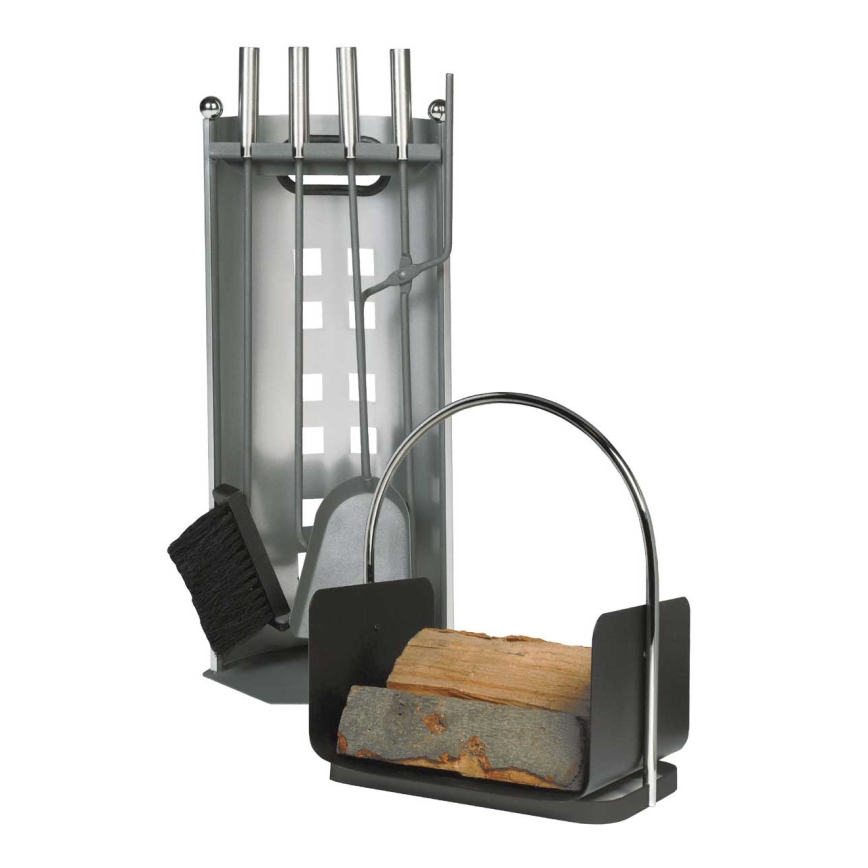 Kaminbesteck-Set und Korb für Holz mit Griff 6 Stk. anthrazit