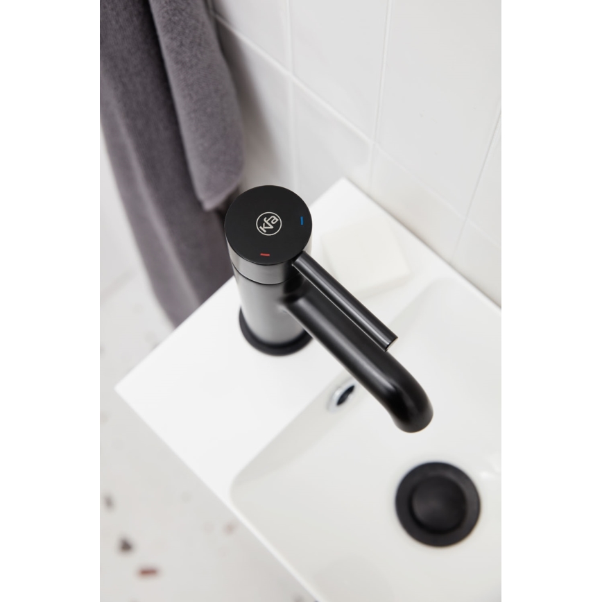 KFA Armatura 5032-815-81 - Robinet de lavabo + déchets avec trop-plein MOZA 15,2 cm mat noir