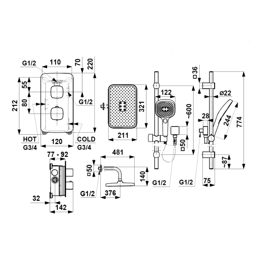 KFA Armatura 5759-301-00 - Ensemble de douche avec mitigeur thermostatique encastré MALAGA, finition chrome brillant