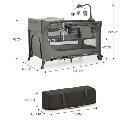 KINDERKRAFT - Berceau de voyage JOY 2 avec accessoires gris